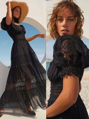 Charo Ruiz Clemence Dress Black V Neck Long Eyelet Puff Sleeve Maxi Size L‎